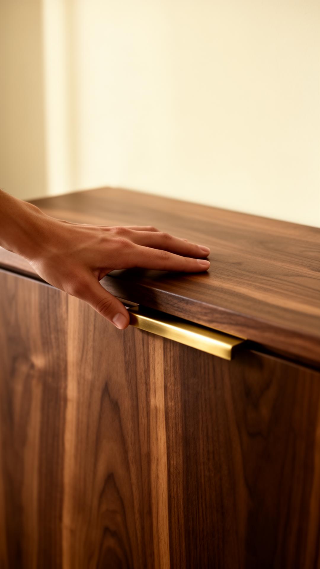 Hand on hand-finished walnut cabinetry with brushed brass detail